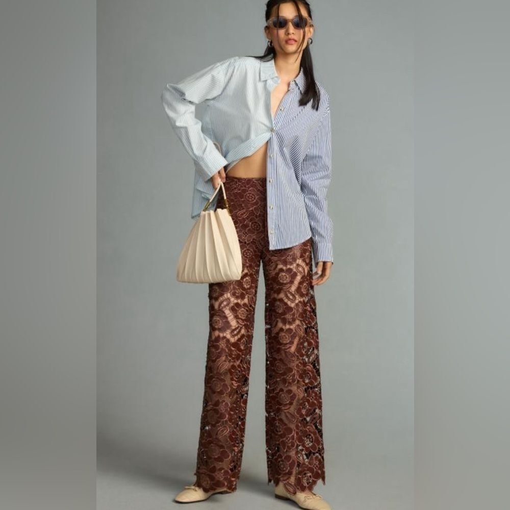 Anthropologie Faux Leather & Lace Wide-Leg Pants Trousers Size 4